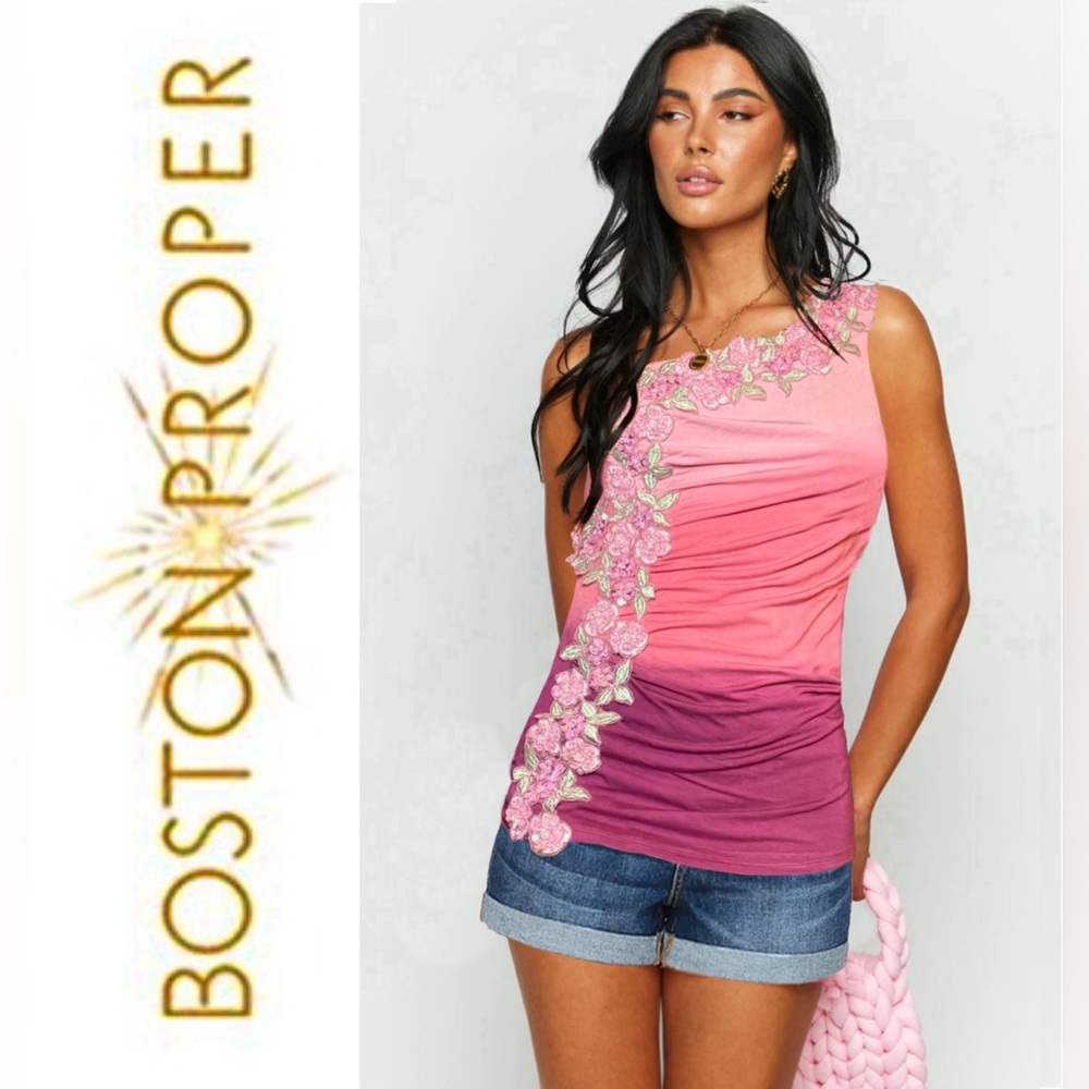BOSTON PROPER Pink Ombre Floral One-Shoulder Top, EUC, Size 6 (runs small)